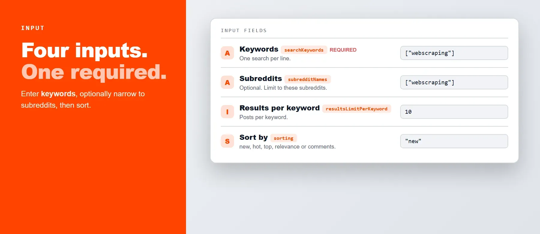 Reddit API Scraper input: keywords, subreddits, results limit and sort order