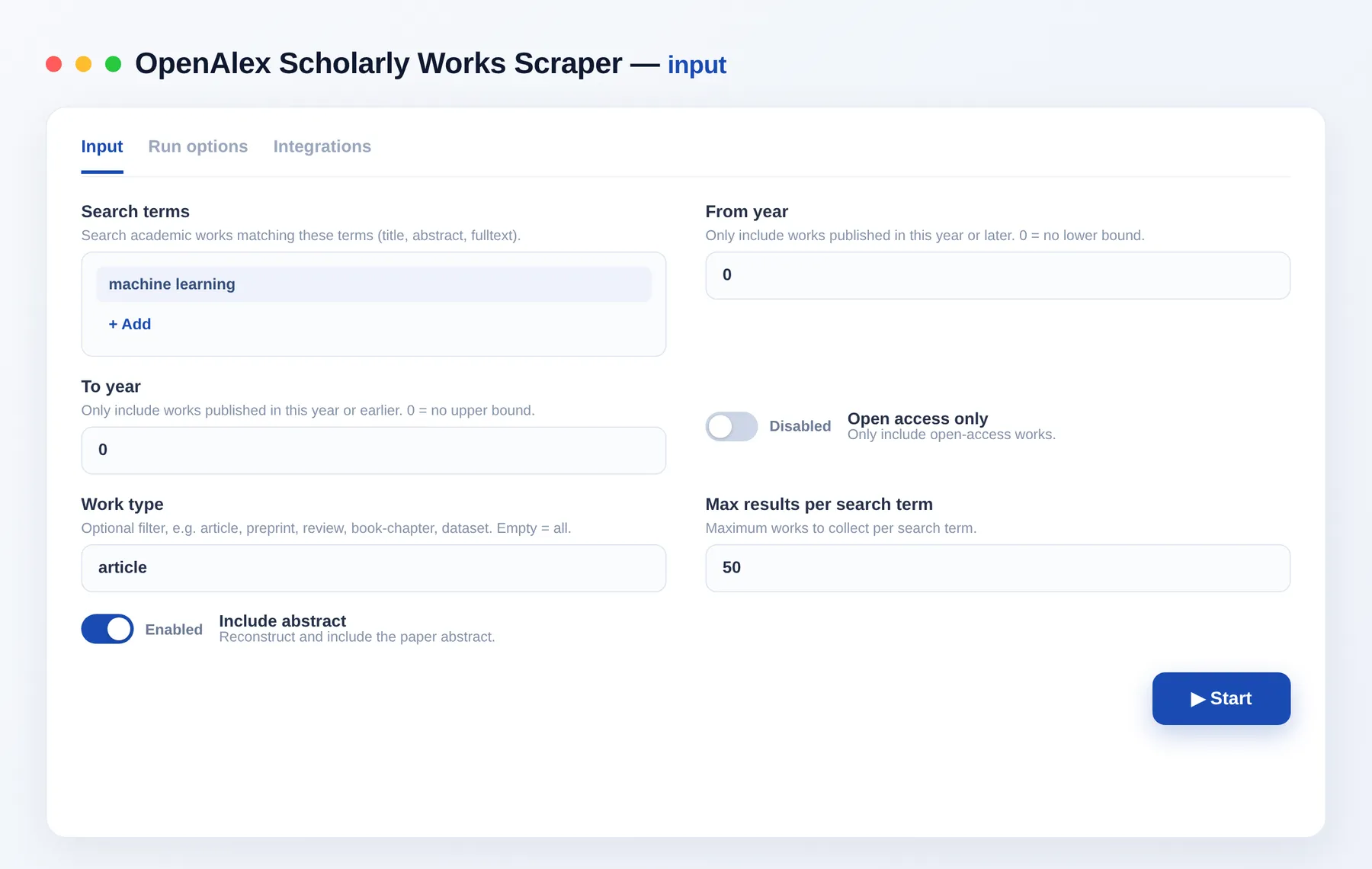 OpenAlex Scholarly Works Scraper input — search terms, year range and work type in the Apify Console