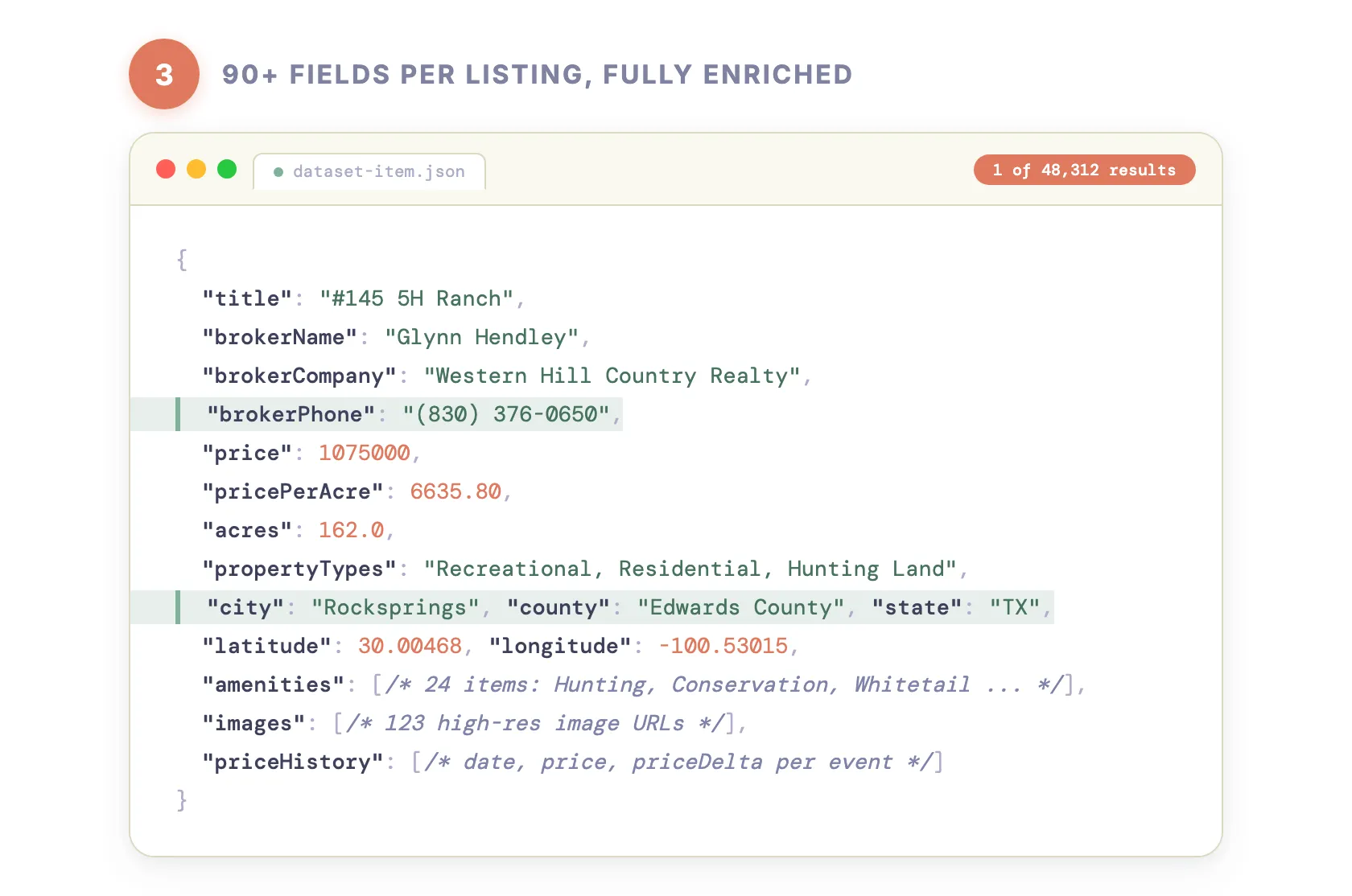 Step 3 — 90+ fields per listing, fully enriched
