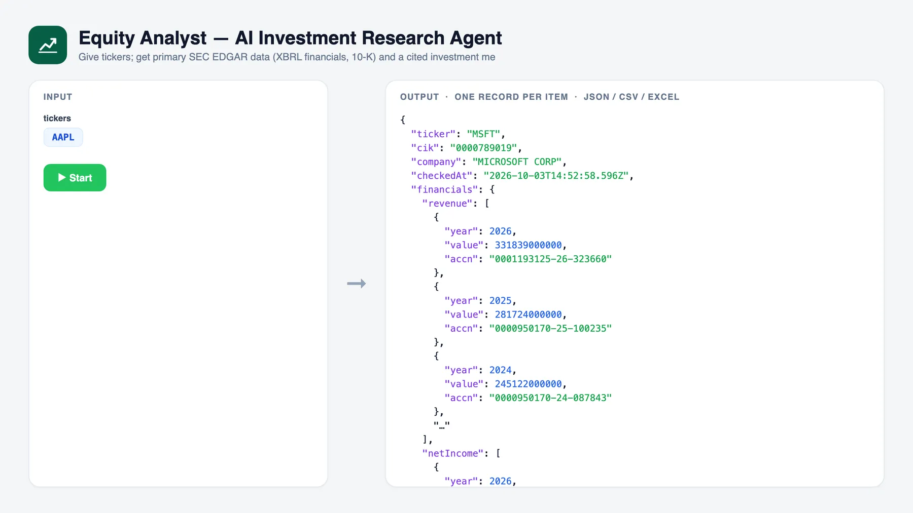 Equity Analyst — AI Investment Research Agent — input and sample output