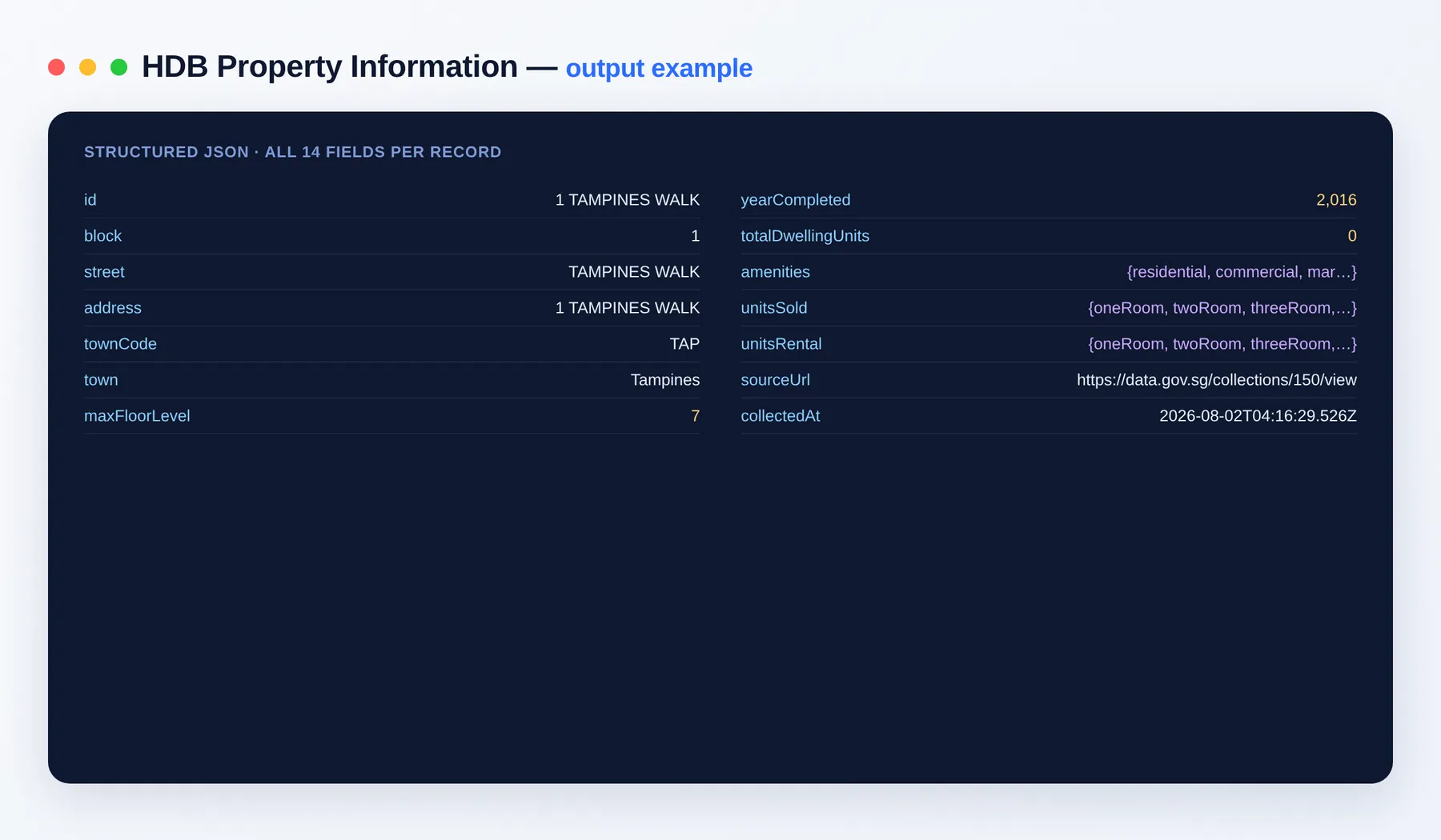 HDB Property Information output example — blocks with town, unit mix and amenities as structured JSON