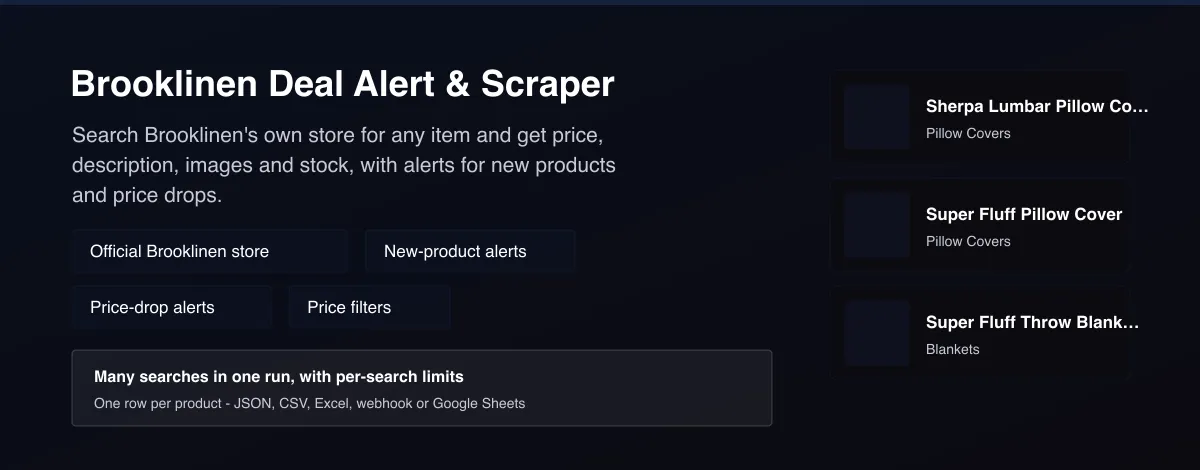 Brooklinen Deal Alert & Scraper - product listings with price, stock and new-product alerts