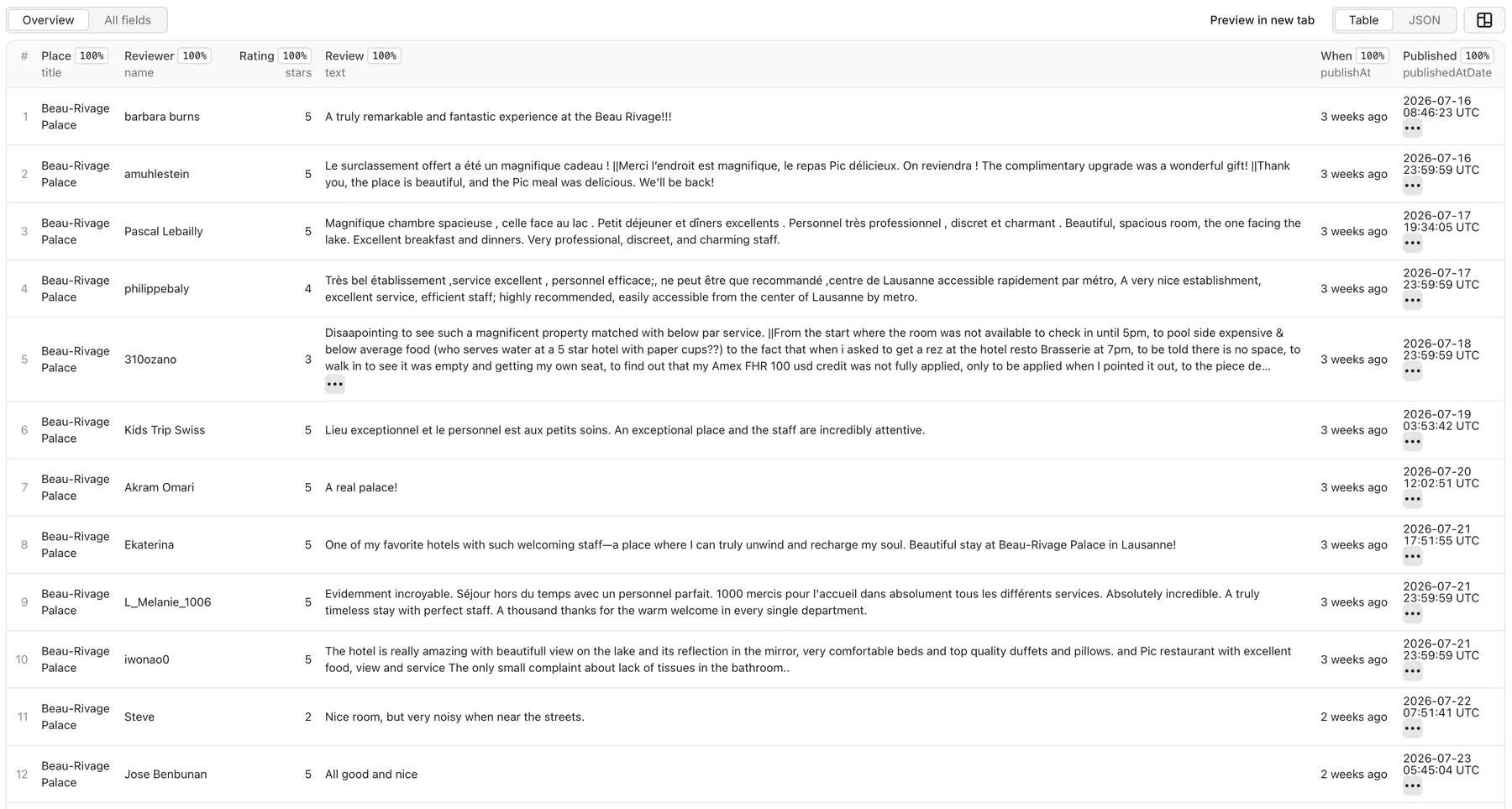 Google Maps Reviews Scraper — output overview