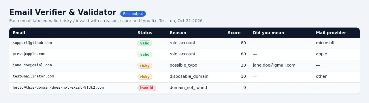 Email Verifier & Validator for Bulk Email Lists - sample output