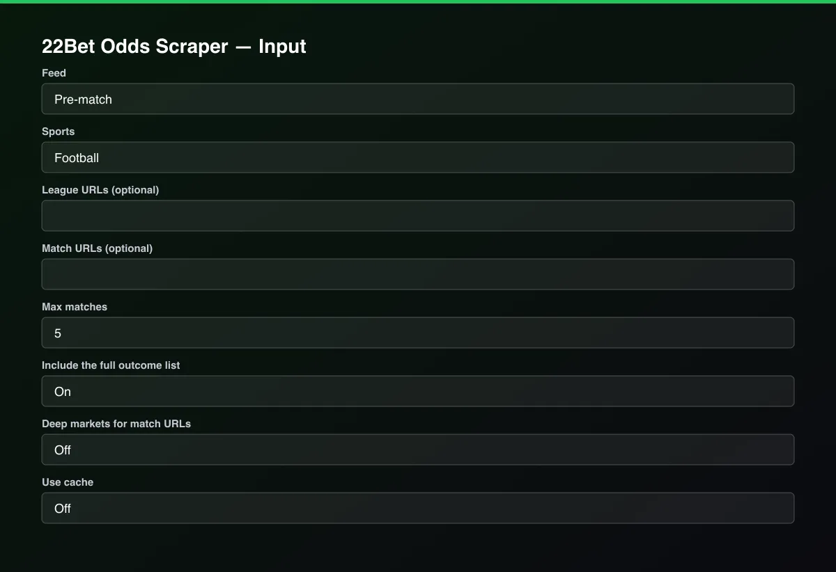 22Bet Odds Scraper input form