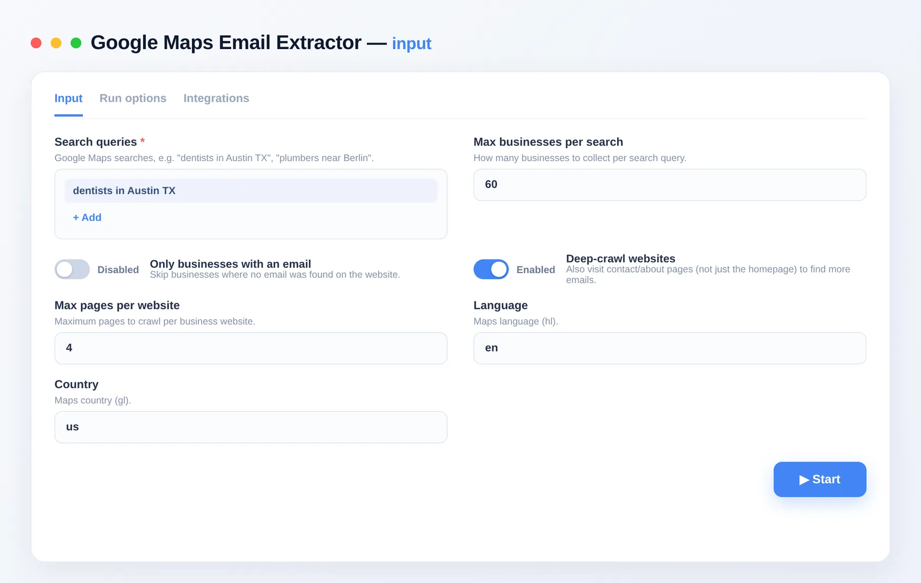 Google Maps Email Extractor input β searches, max places and deep-crawl options in the Apify Console