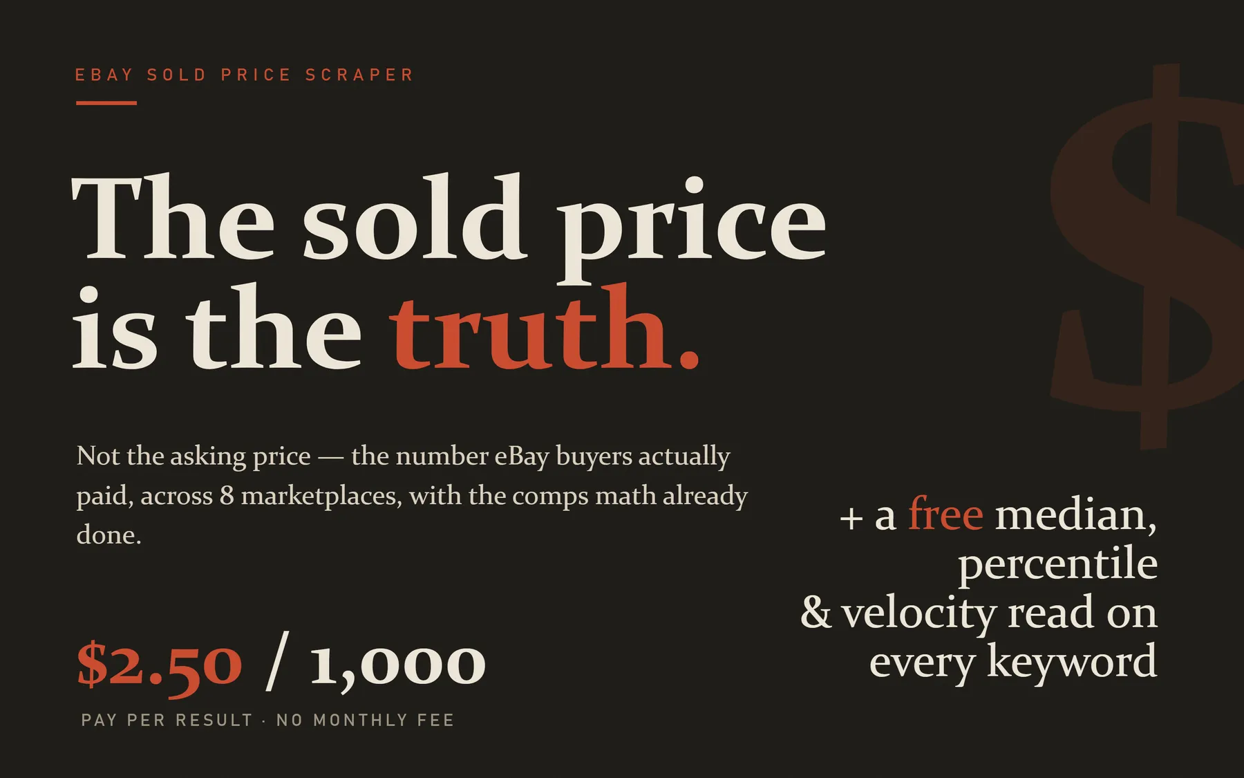 Real eBay sold prices across 8 markets — $2.50/1,000, free analytics included
