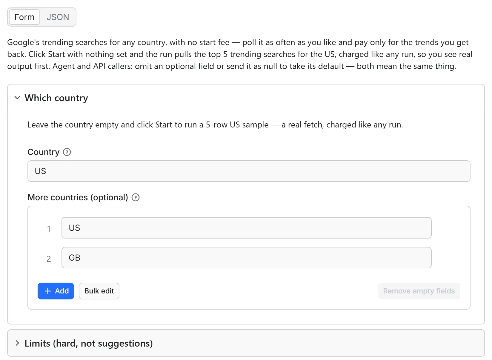 Google Trends Now Scraper input form in the Apify console: the country field set to US with a second country list below it