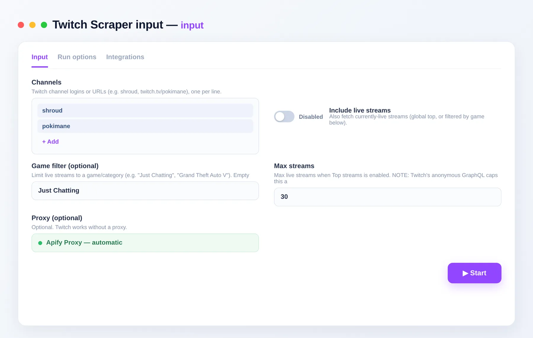 Twitch Scraper input — channel logins and live-stream browse options in the Apify Console