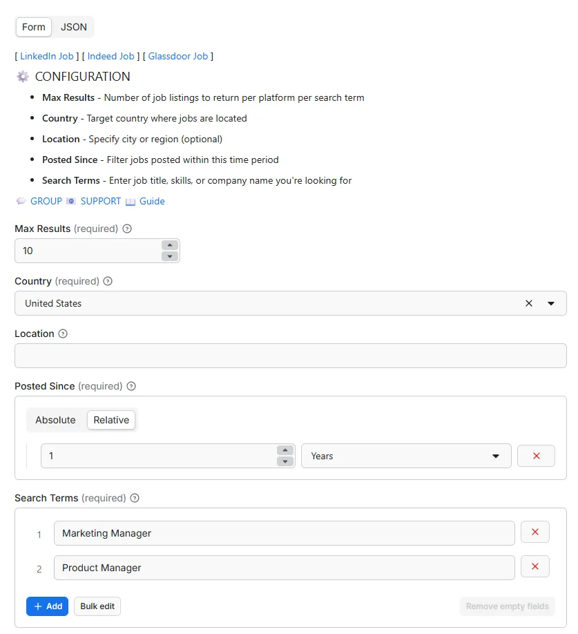 Input parameters interface showing search_terms array for job titles and skills, country selector with 60+ options, location field for city or region, posted_since date filter, and max_results for jobs per platform