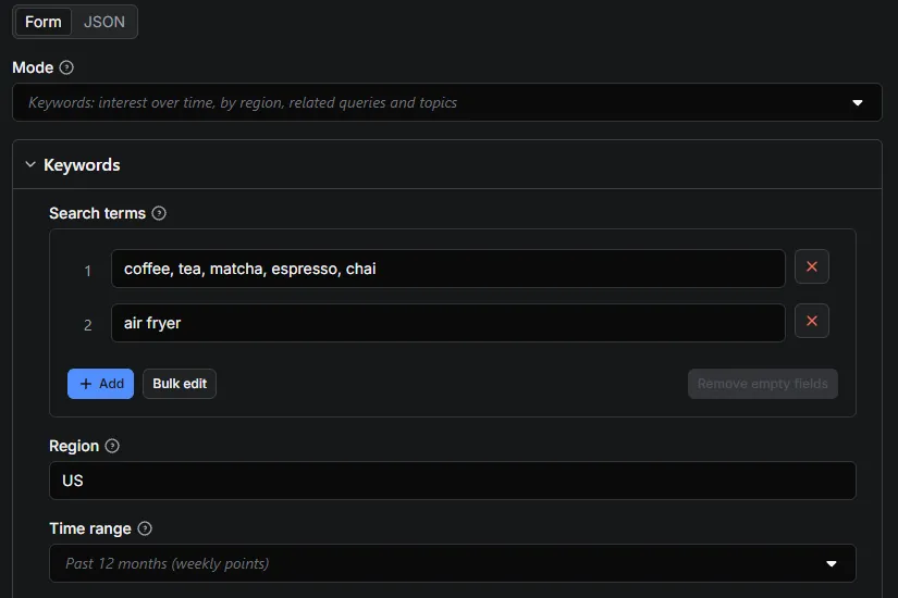 Input form with a 5-keyword comparison and a single keyword