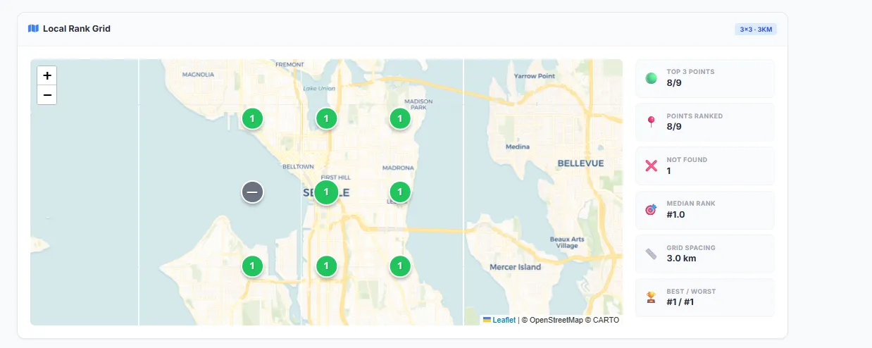Close-up of the interactive map with colored grid point markers