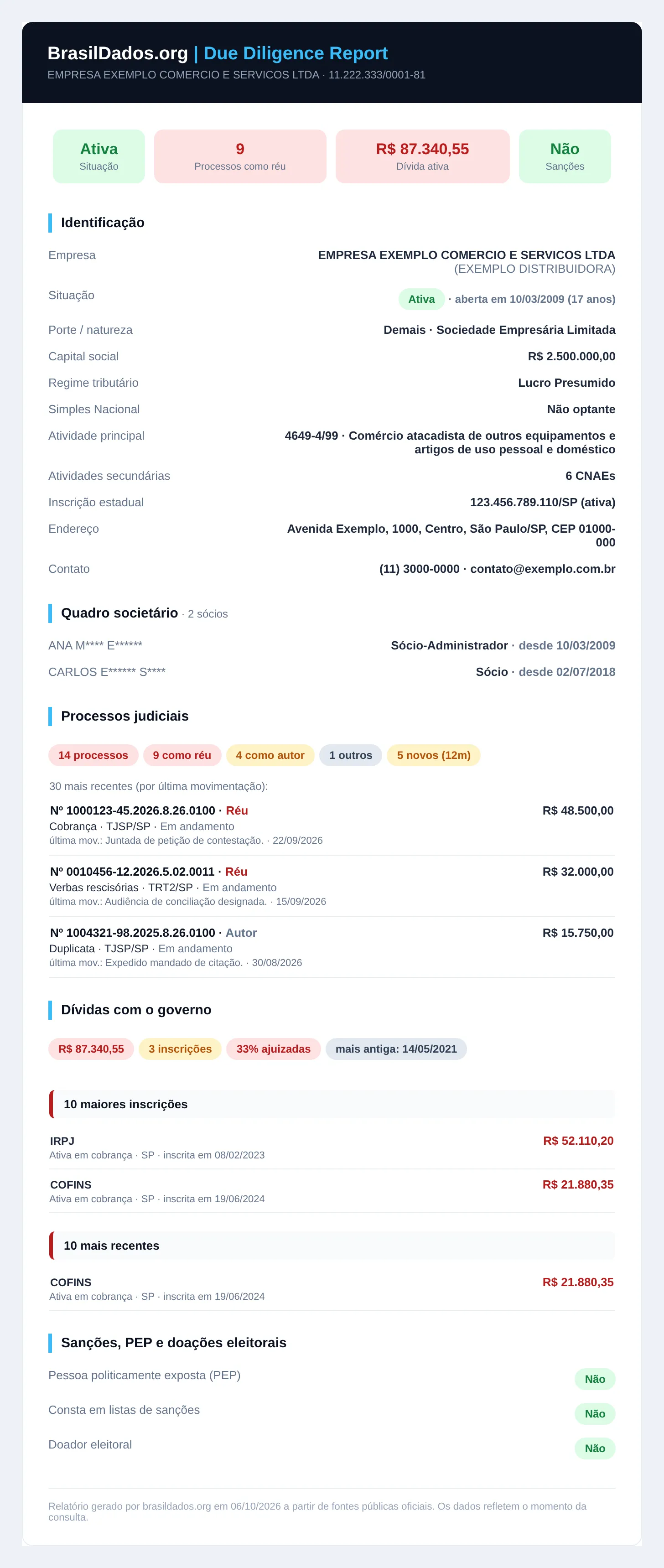 Exemplo do relatório de due diligence / Sample due diligence report