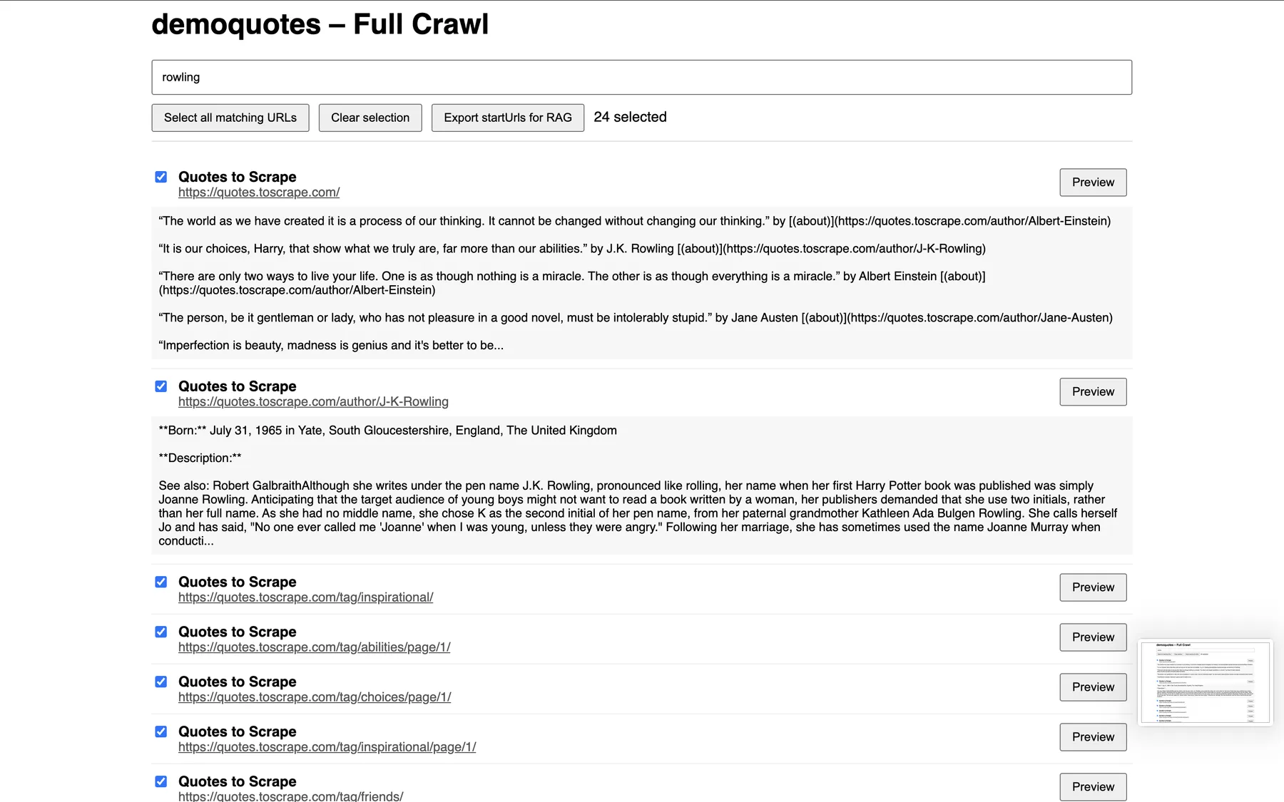 Screenshot of search 'rowling' from a crawled quotes dataset