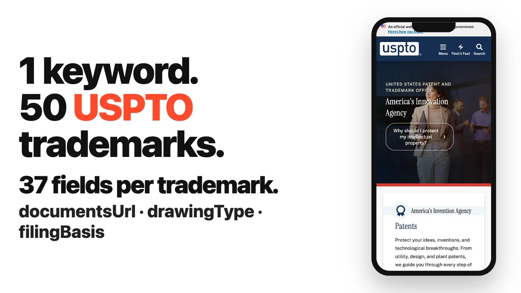 1 keyword. 50 USPTO trademarks. 37 fields per trademark.