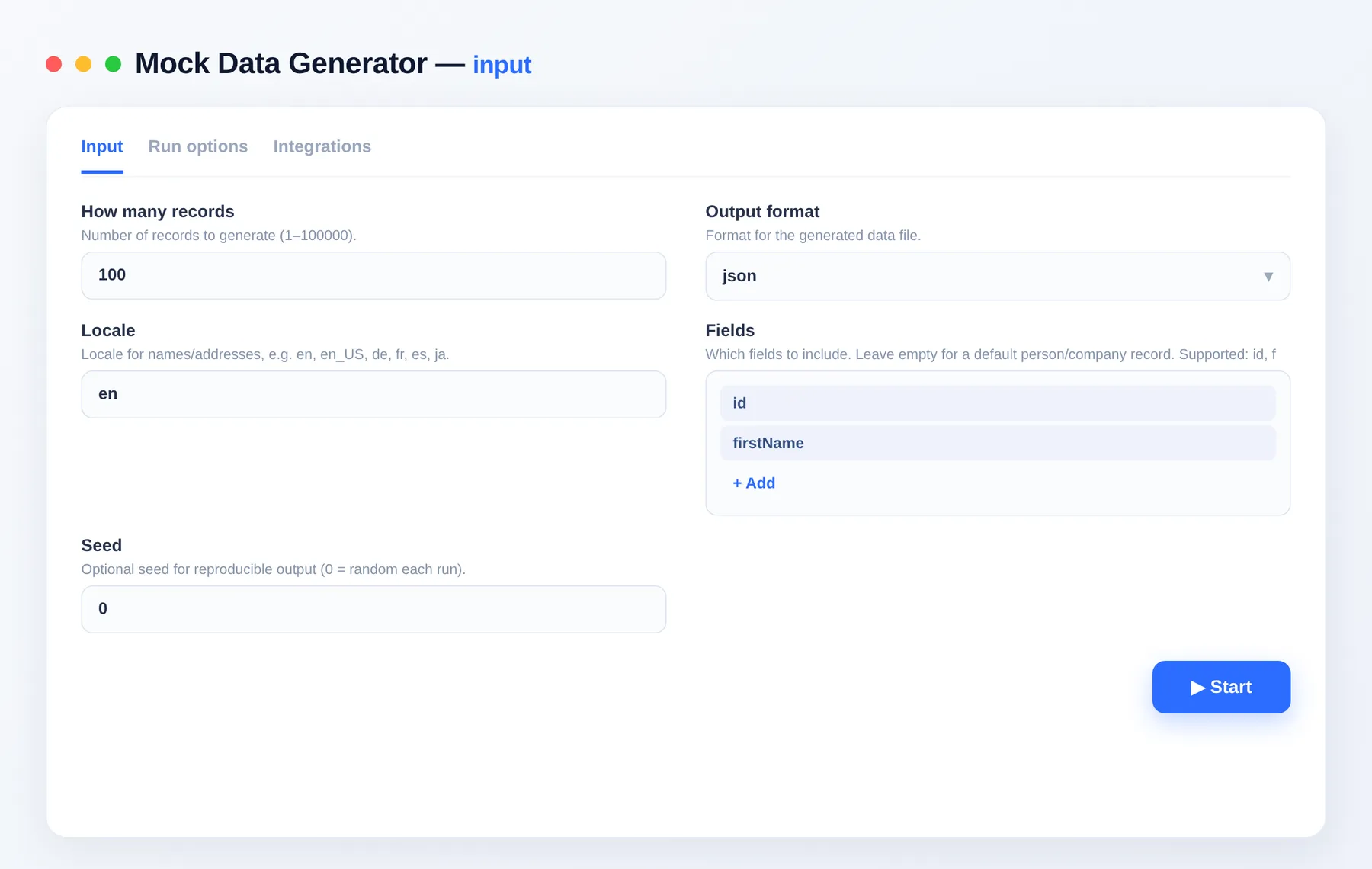 Mock Data Generator input — configure the options in the Apify Console