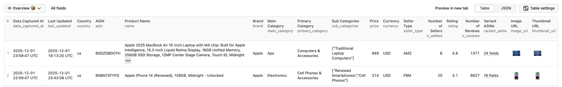 Jungle Scout Scraper Overview Table Output