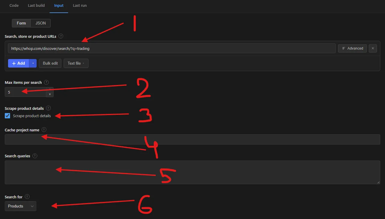 Whop scraper input form with start URLs, max items, scrape details and cache project name