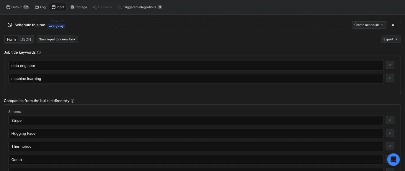 The JobsRadar input form in Apify Console: title keywords, companies, board slugs and filters