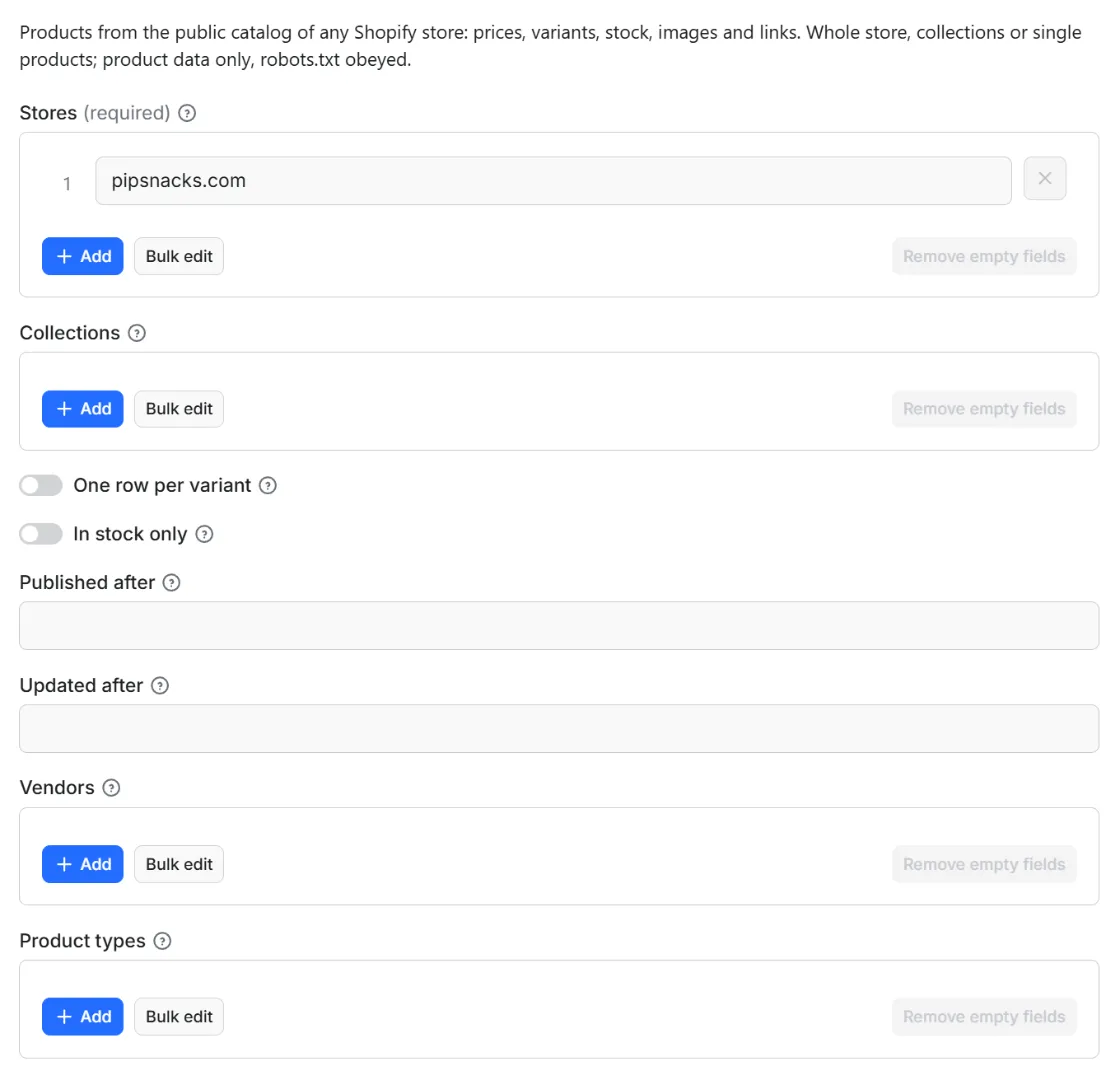 Input form of Shopify Products Scraper: Store Catalog Export to JSON, CSV