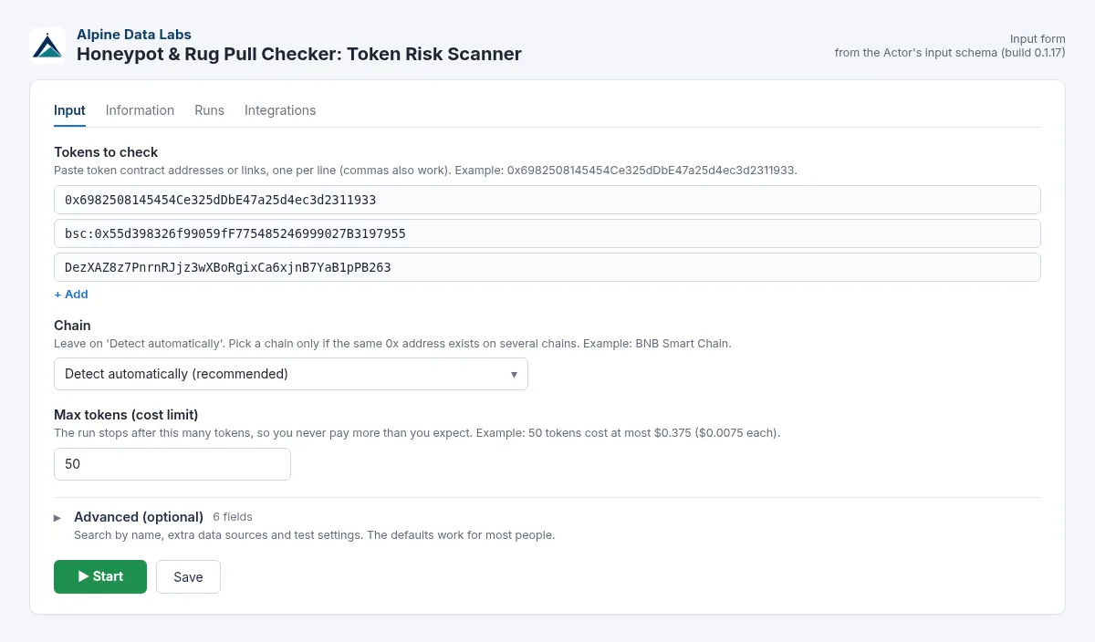 Honeypot checker and rug pull scanner input form: token addresses, chain and max tokens
