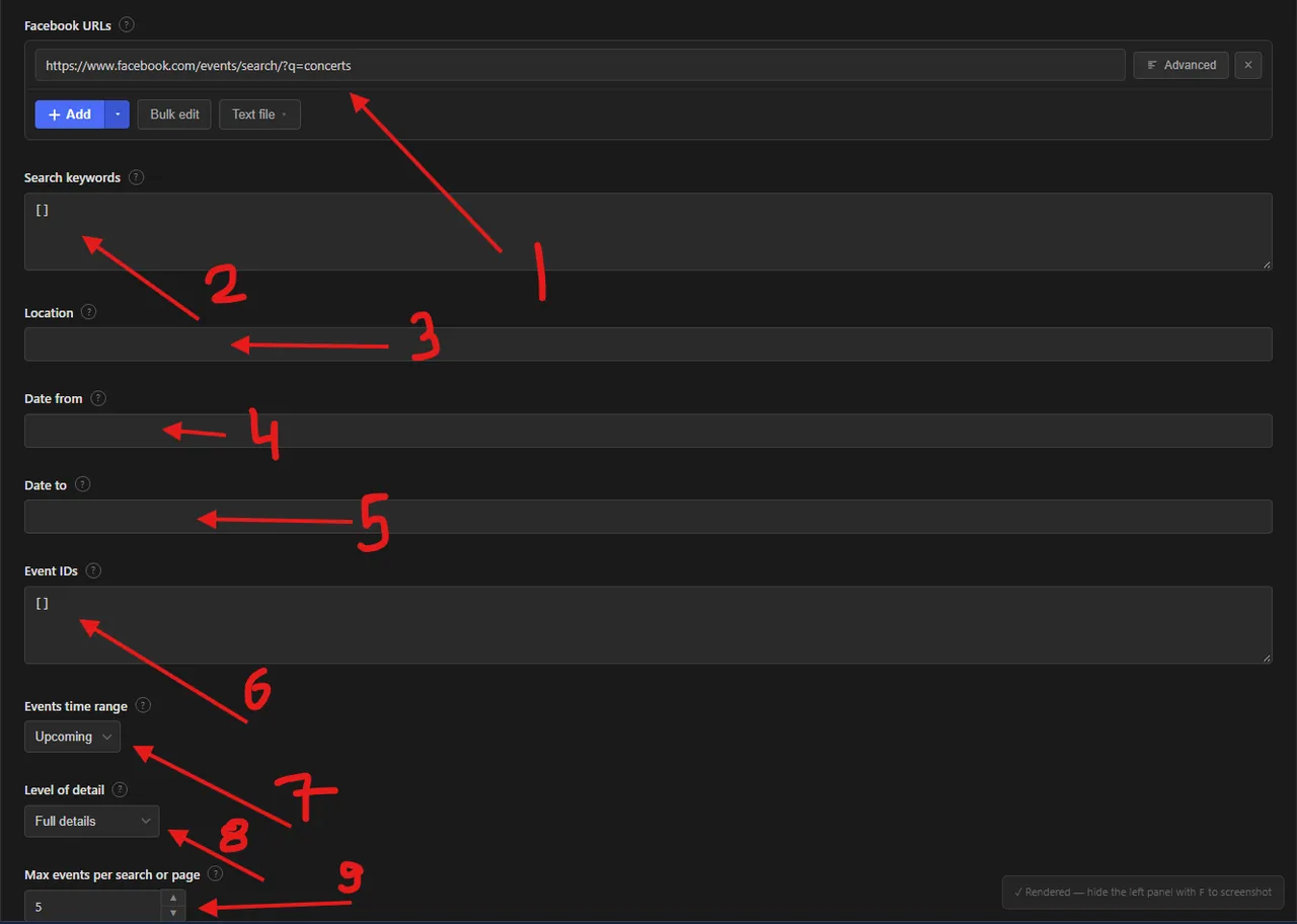 Facebook Events Scraper input form with numbered labels for Facebook URLs, search keywords, location, date filters, event IDs, time range, detail level, and result limit