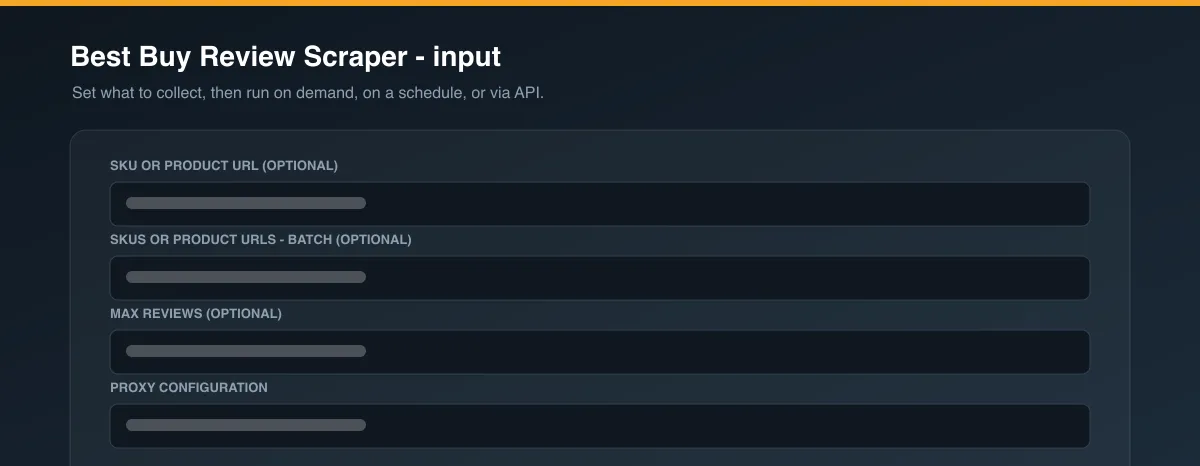 Best Buy Review Scraper input options