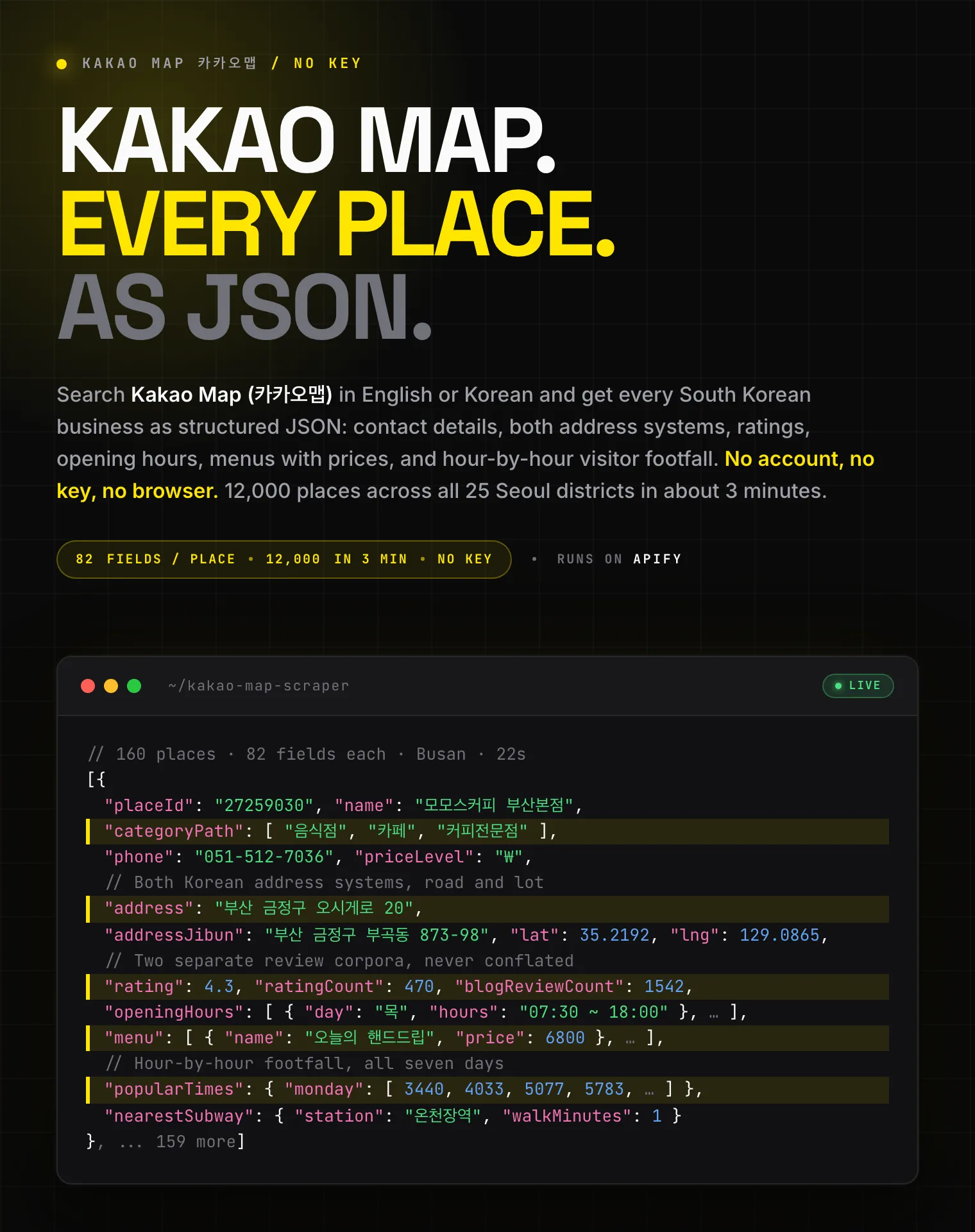 Kakao Map (카카오맵) scraper: Korean business name, phone, address, rating, opening hours, menus and hourly footfall as structured JSON