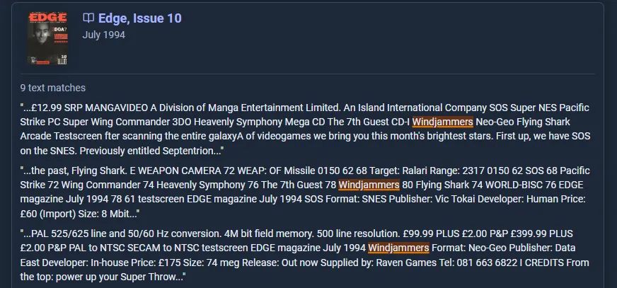 Windjammers matches in Edge Issue 10