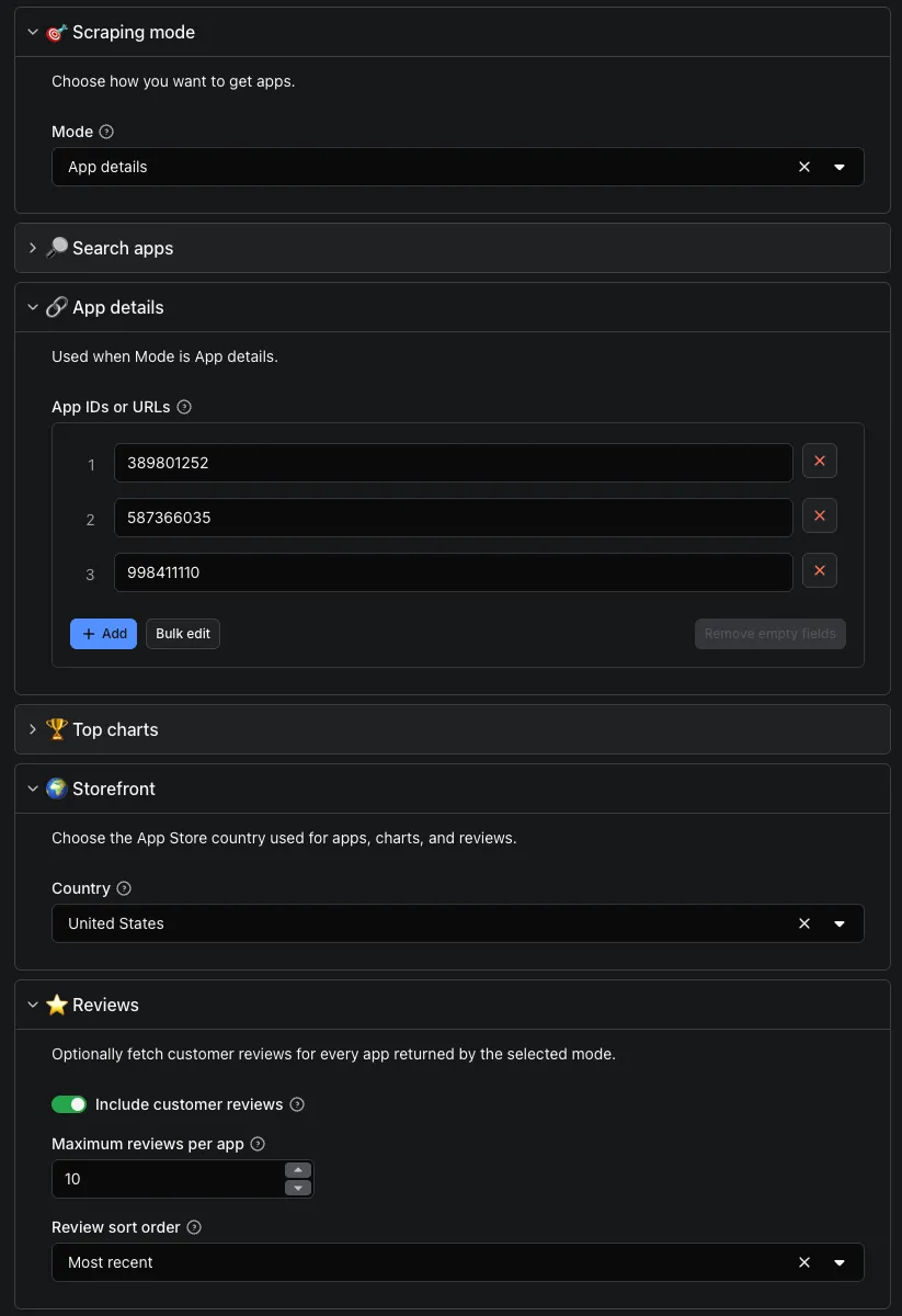 Apple App Store Scraper input configuration