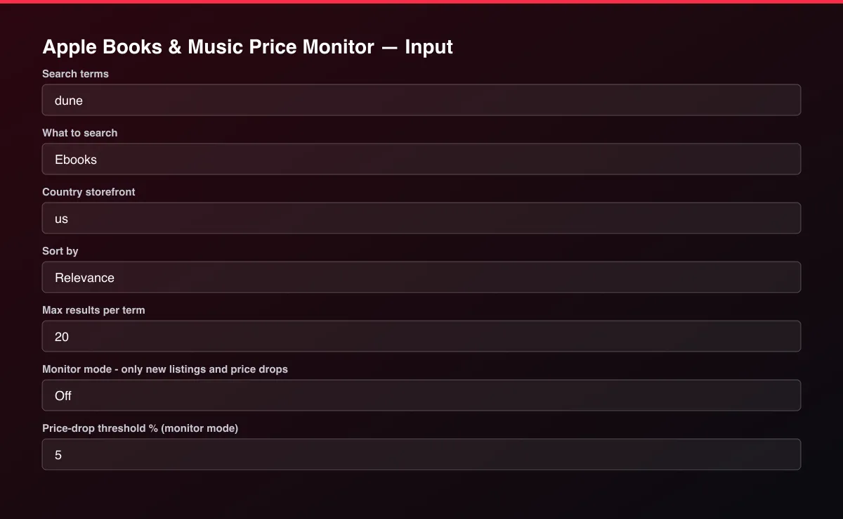 Apple Books & Music Price Monitor input form