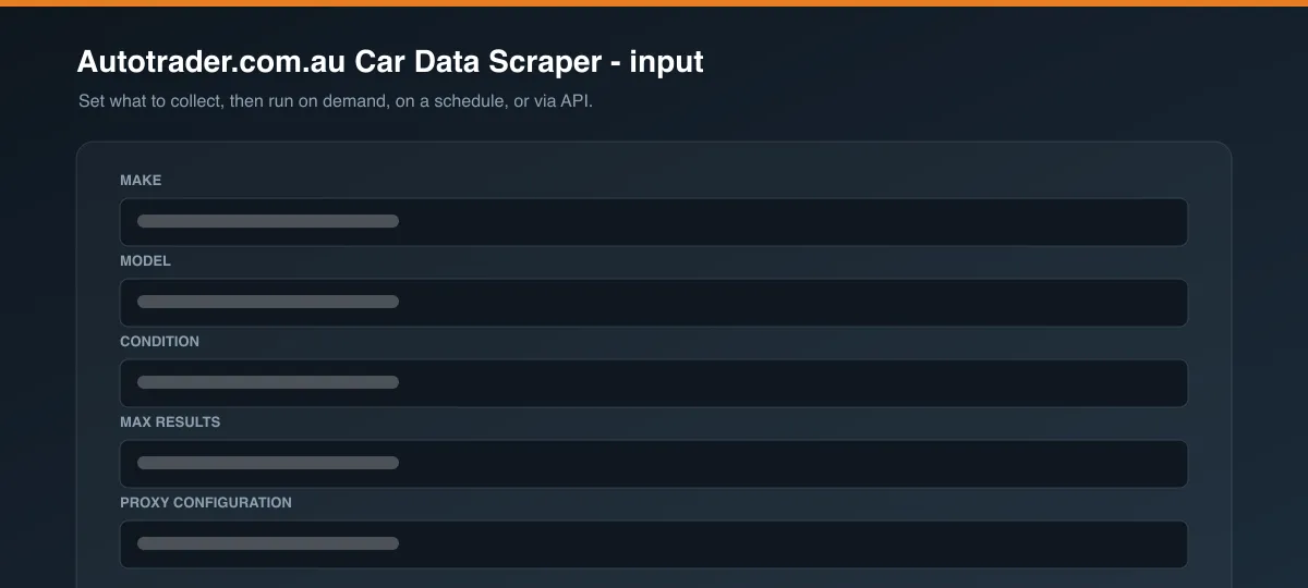 Autotrader.com.au Car Data Scraper input options