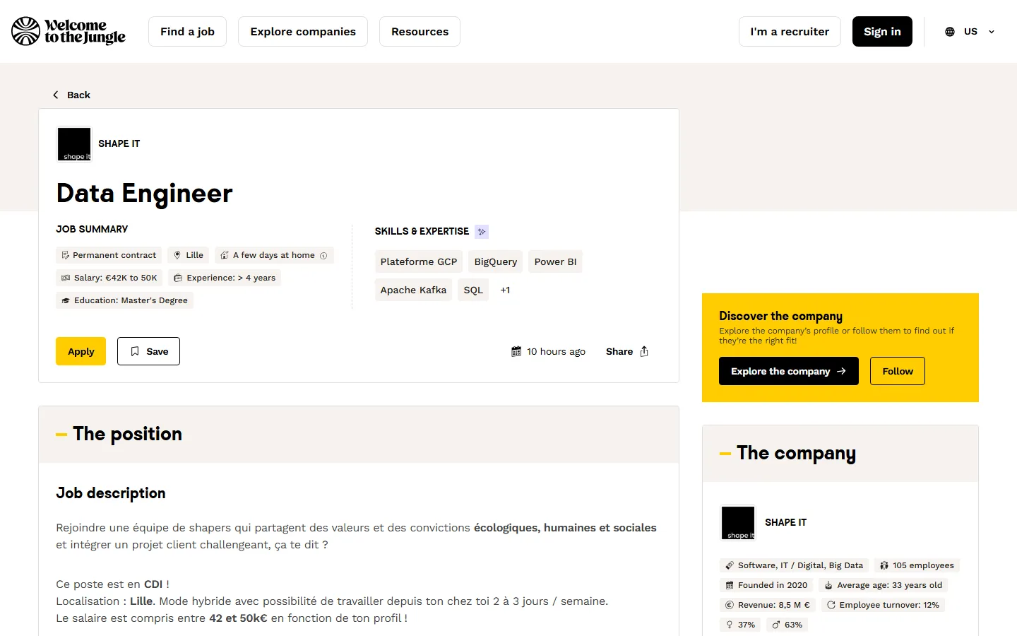Welcome to the Jungle job page that Welcome to the Jungle Jobs Scraper turns into one row
