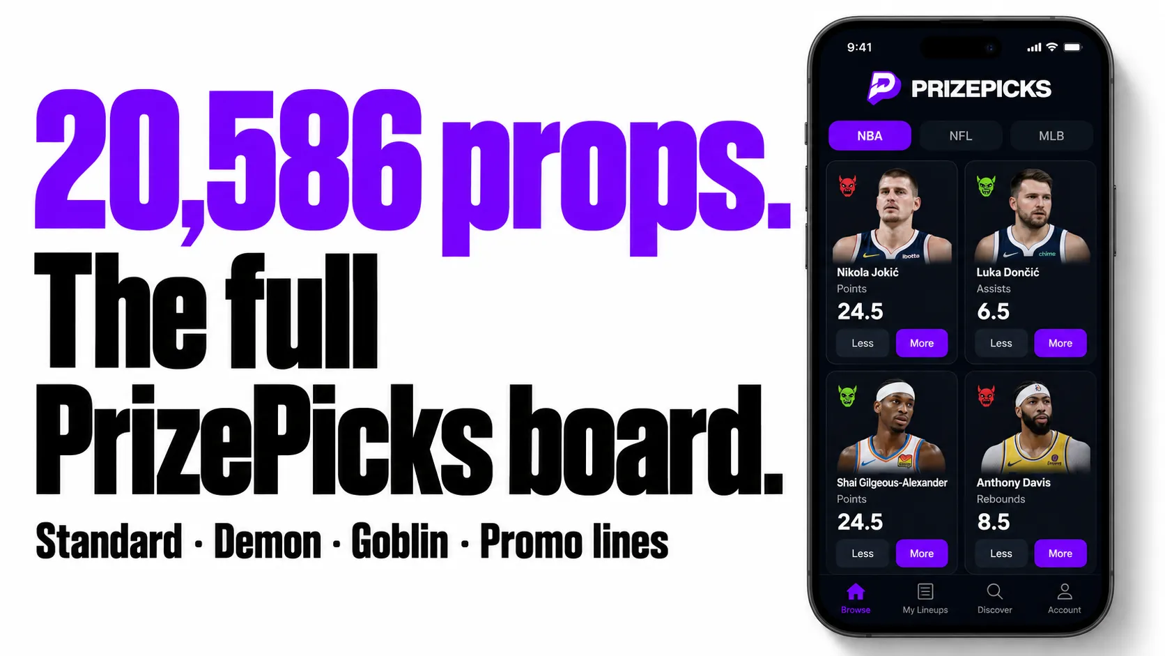 20,586 props. The full PrizePicks board. Standard, Demon, Goblin and promo lines.