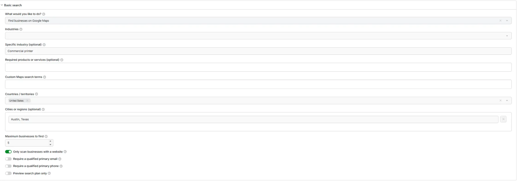 Actual input Form with a country menu, specific industry and maximum 5 businesses