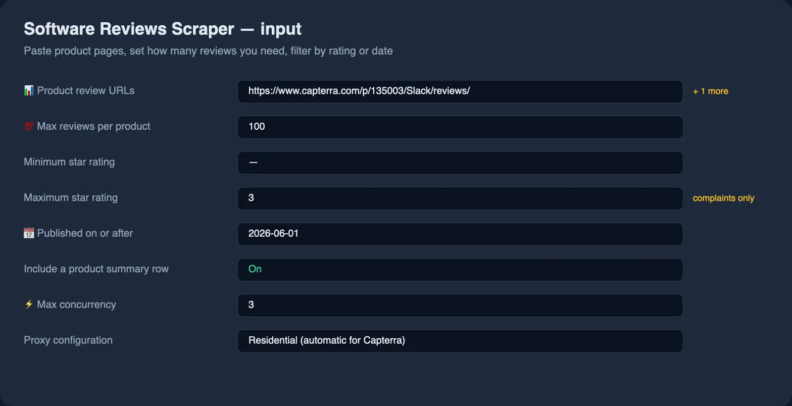 Software Reviews Scraper input: Capterra and Software Advice product URLs, review limit, rating and date filters