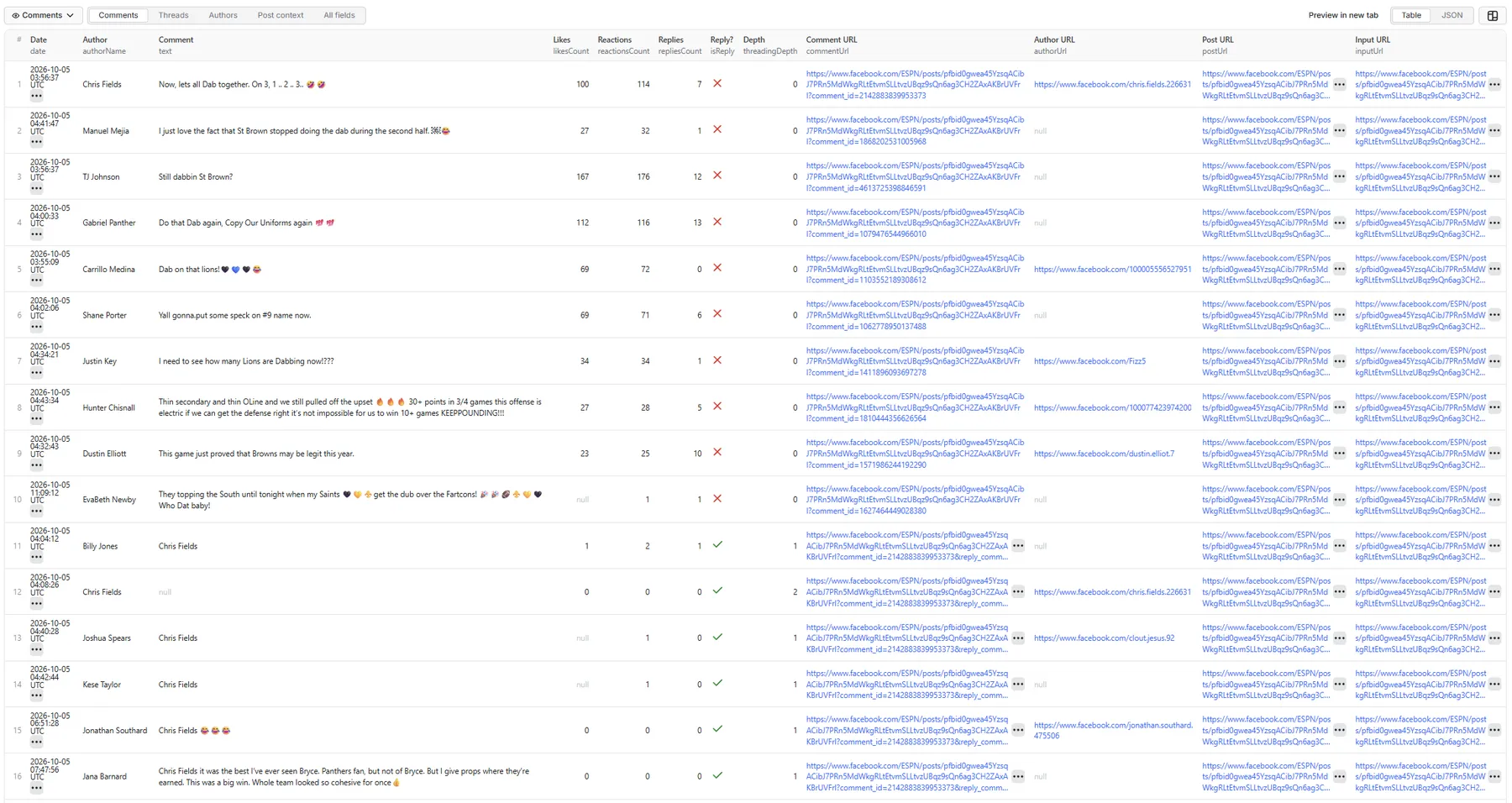 Comments table view