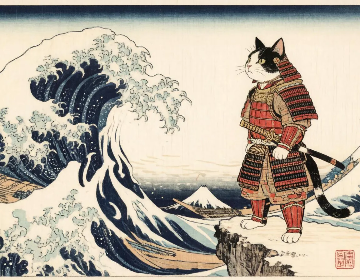 AI generated ukiyo-e woodblock print of a samurai cat — Hunyuan Image 3 style