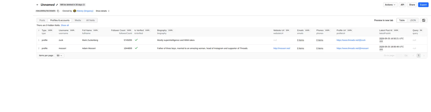 Profile mode: follower counts, verified badge, biography, website, contacts and latest post date for @zuck and @mosseri