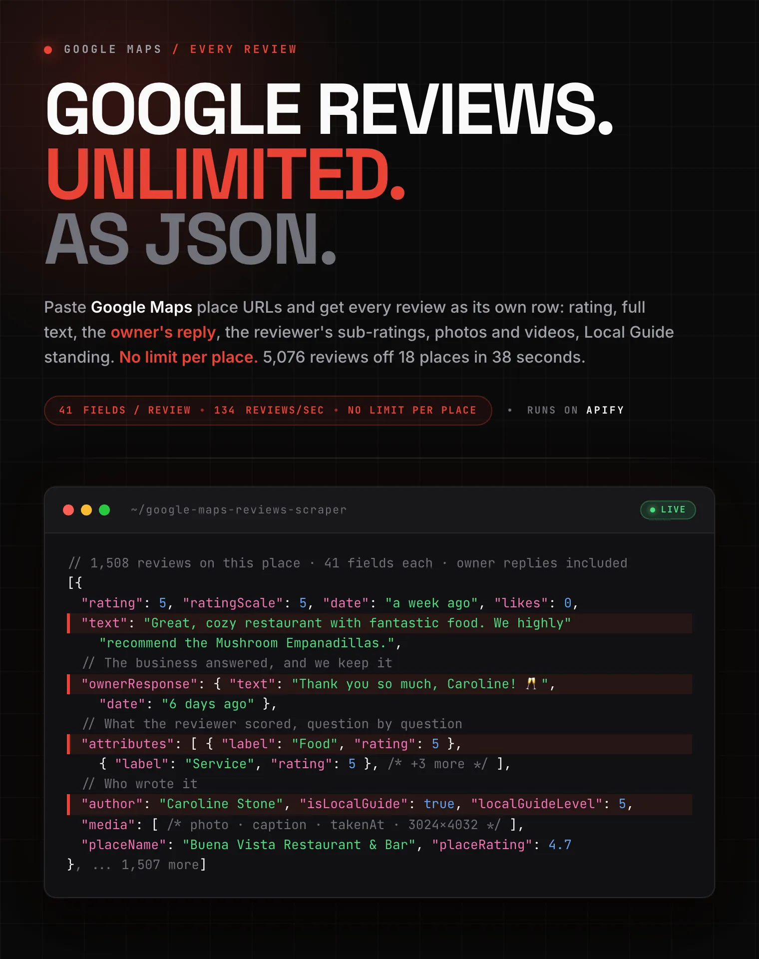 Google Maps reviews scraper: unlimited reviews per place with rating, review text, owner replies, reviewer sub-ratings and photos as structured JSON