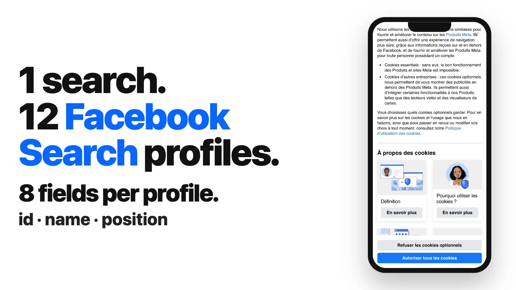 1 search. 12 Facebook Search profiles. 8 fields per profile.
