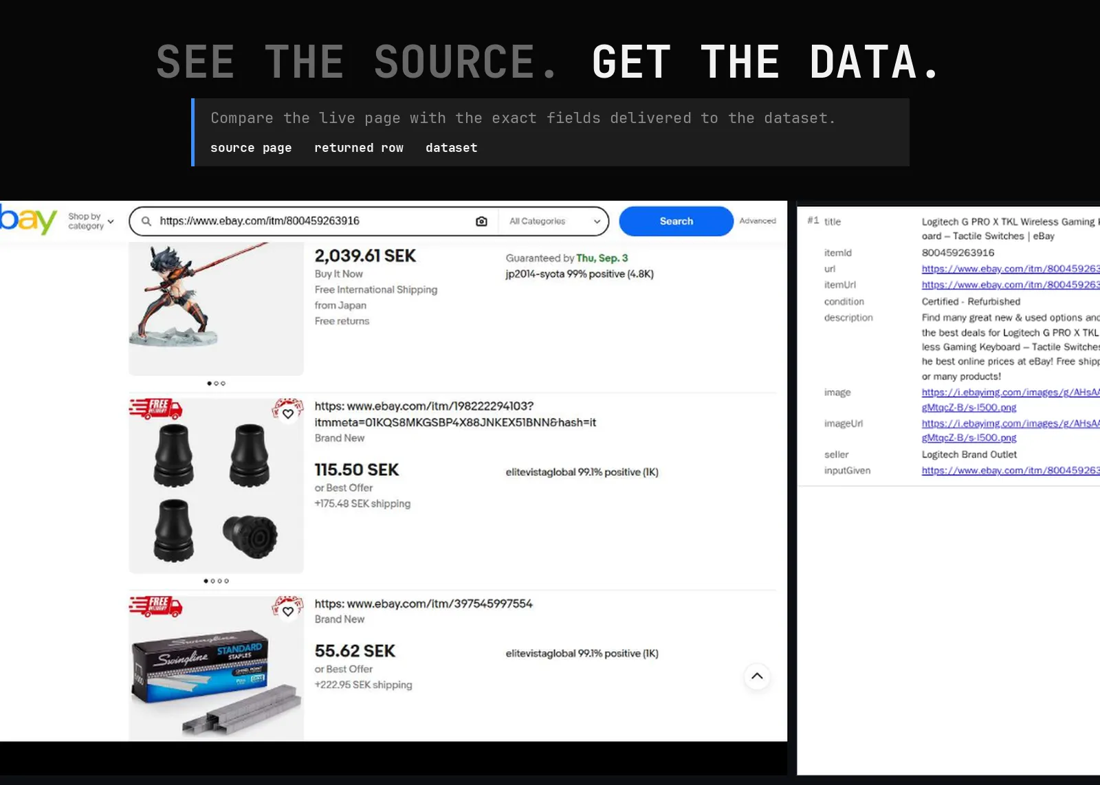 eBay Listing Scraper source page and returned record
