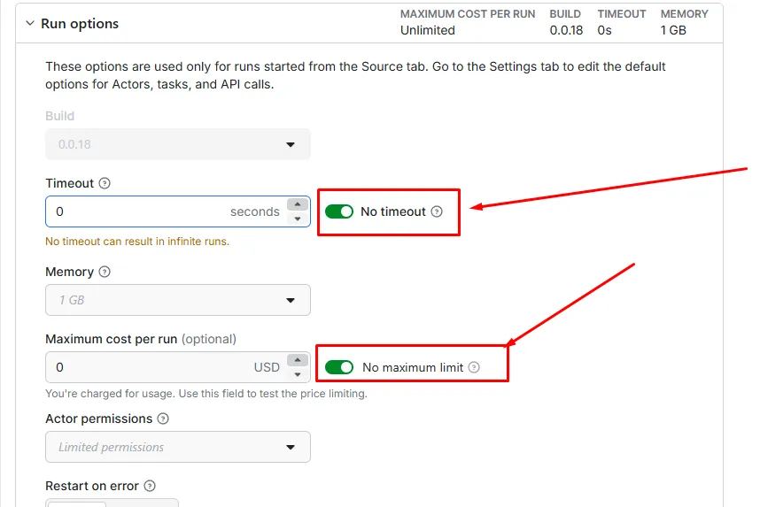 Run options: No timeout and No maximum limit enabled