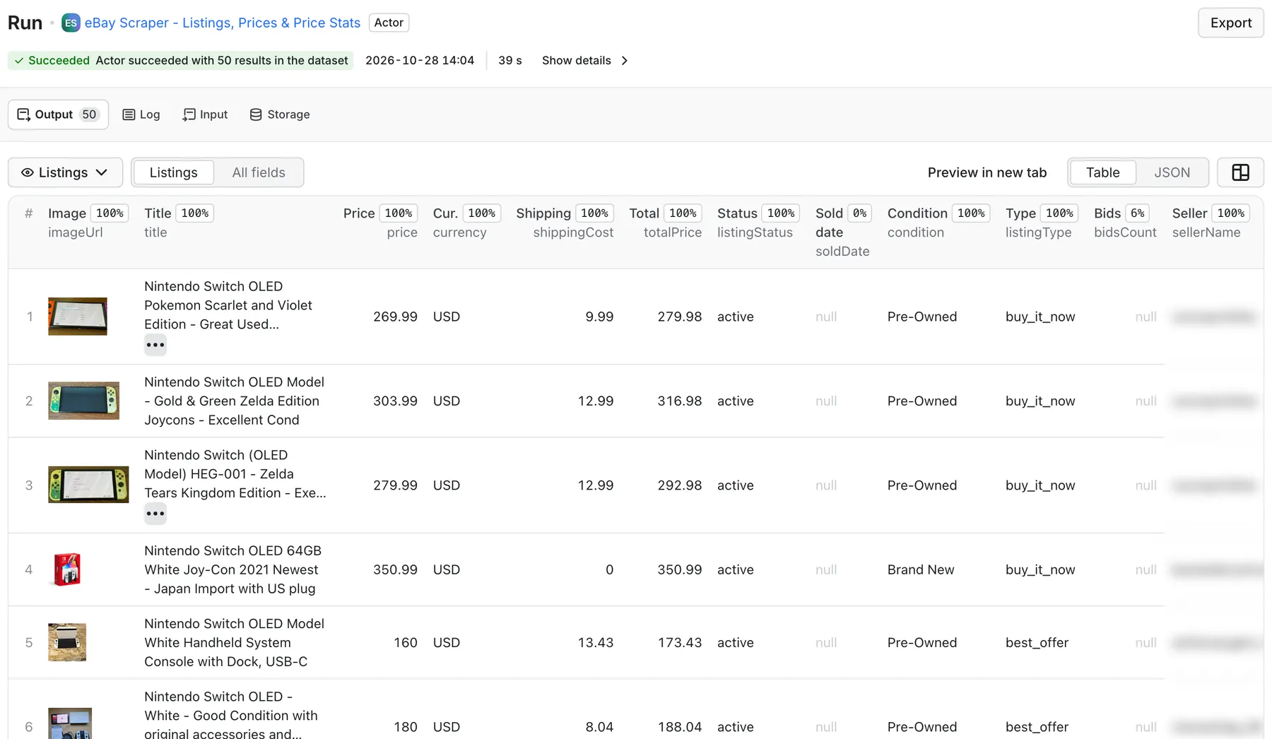 eBay Scraper output in Apify: listing image, title, price, currency, shipping, total price, condition and listing type