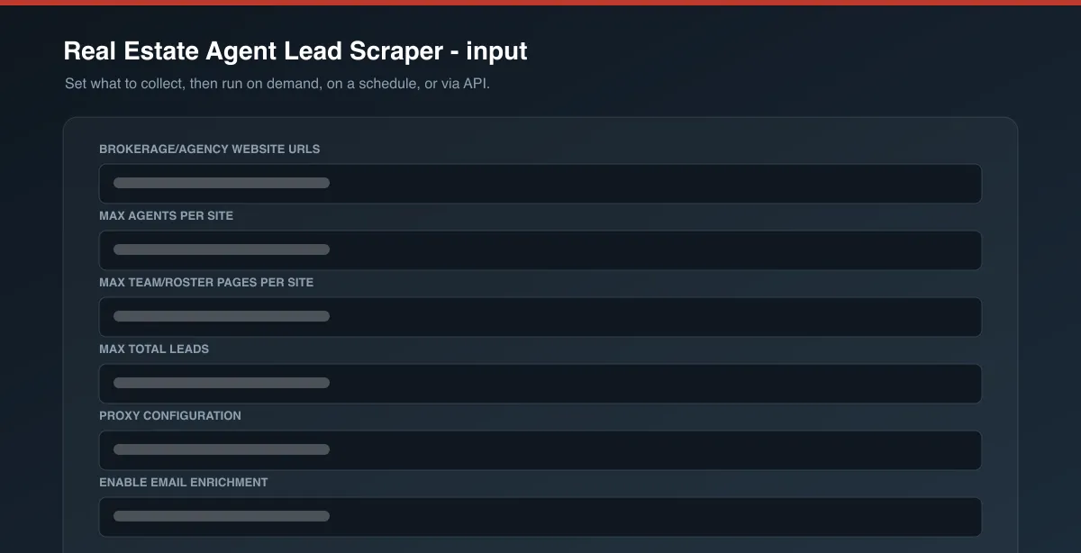 Real Estate Agent Lead Scraper input options