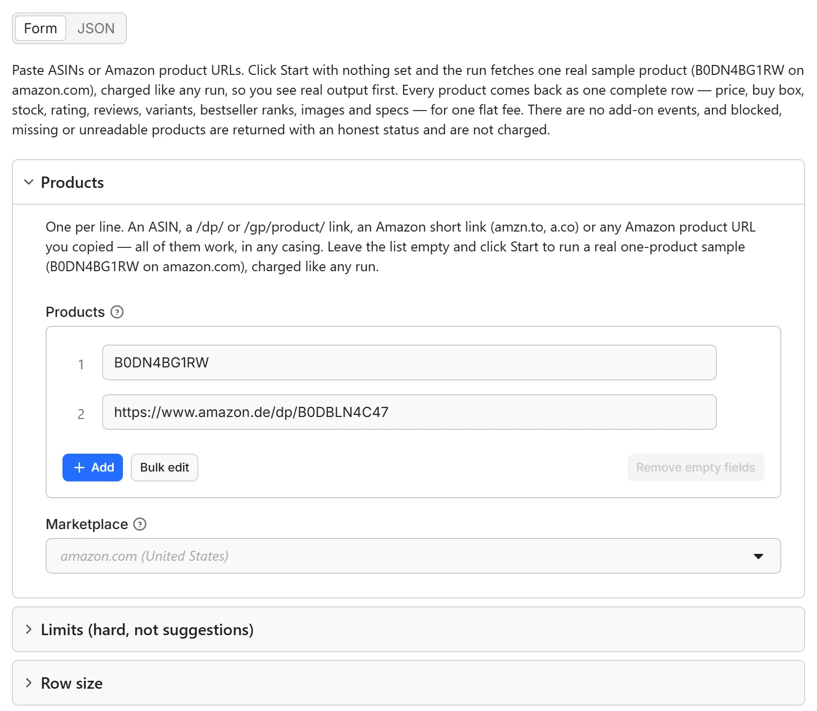 Amazon Product Scraper input form in the Apify console: the Products list prefilled with an ASIN and an amazon.de product URL, above the Marketplace picker