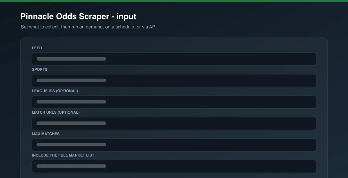 Pinnacle Odds Scraper input options