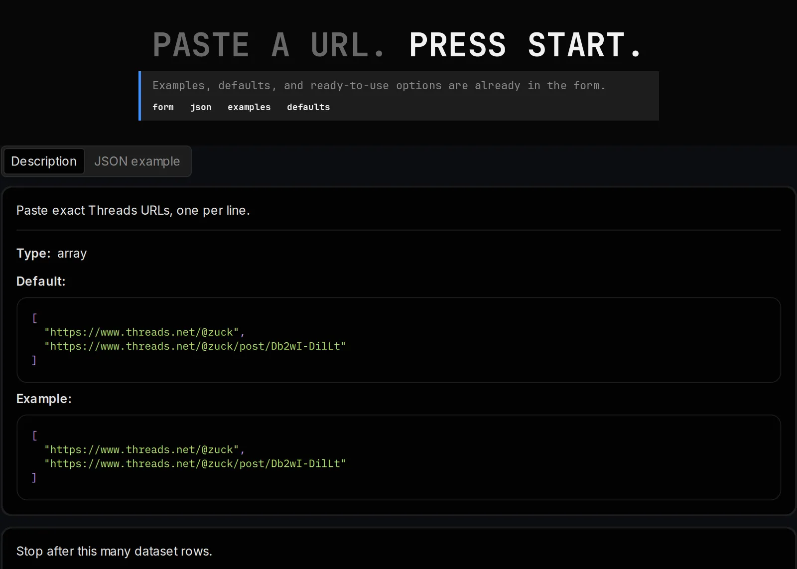 Threads Data Scraper source page and returned record