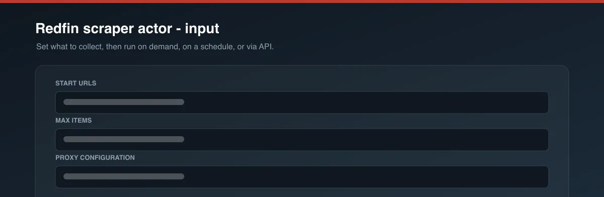 Redfin scraper actor input options