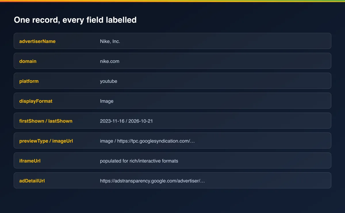 Every output field labelled on one example record